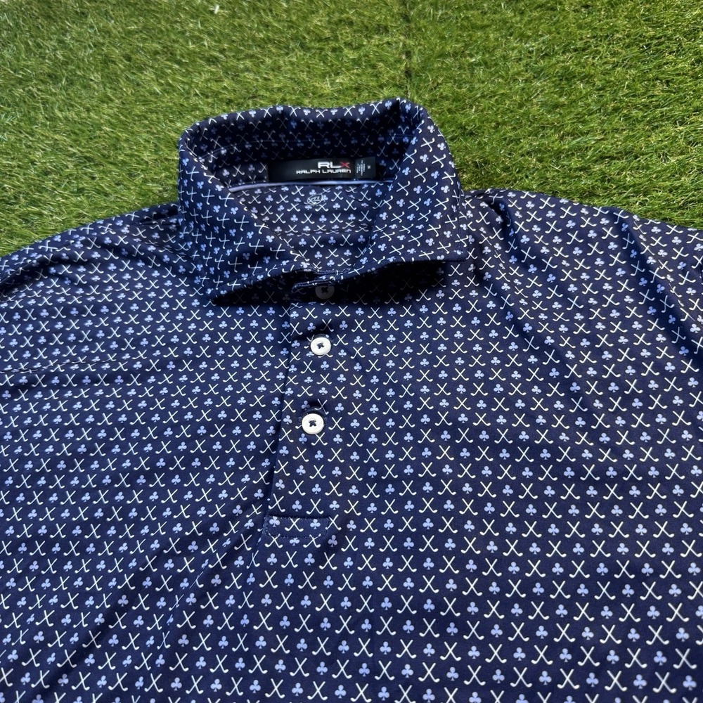 RLX Ralph Lauren Polo Shirt Mens Medium Blue Geometric AOP Performance Golf Logo